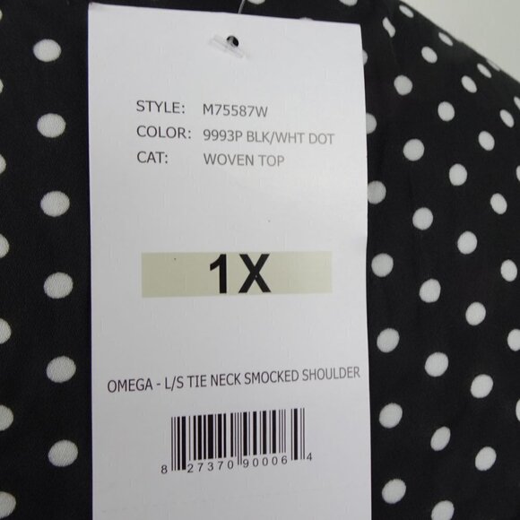 BY DESIGN Neck Tie Top Women's Plus Size 1X Black Polka Dot Smocked Shoulder - Picture 10 of 10